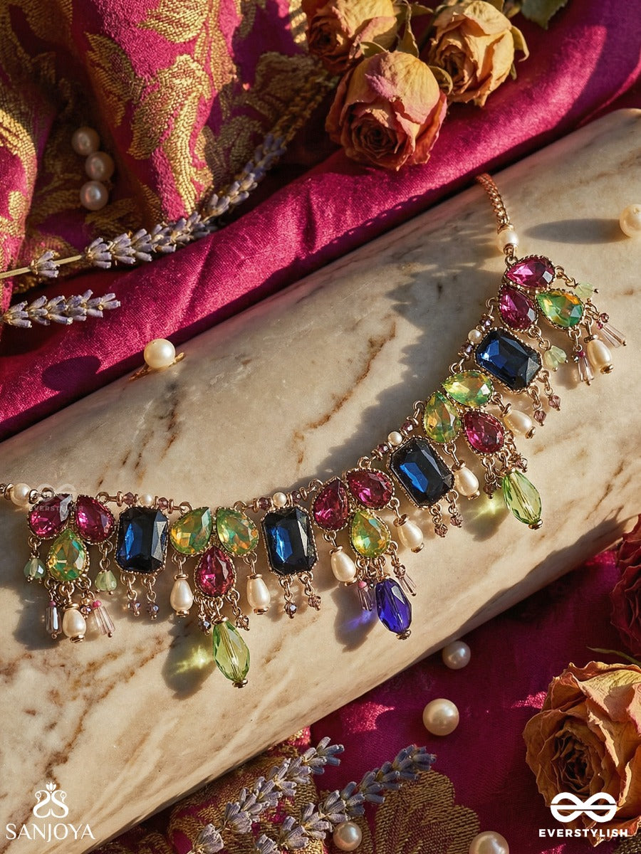 Manivarchini - Jewelled Splendour - Festive Necklace With Multi-Gem Arrangement, Ornamental Links And Dangling Drop Accents
