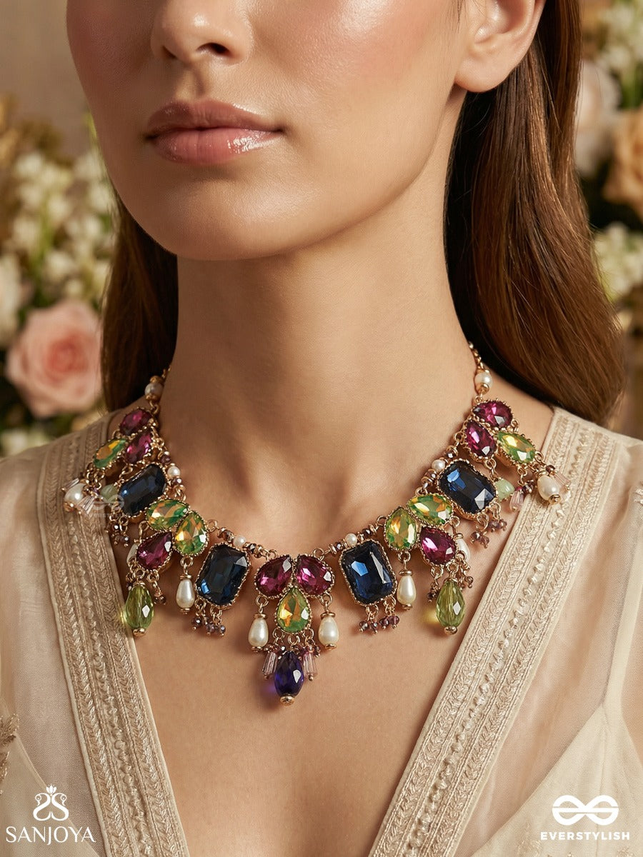 Manivarchini - Jewelled Splendour - Festive Necklace With Multi-Gem Arrangement, Ornamental Links And Dangling Drop Accents