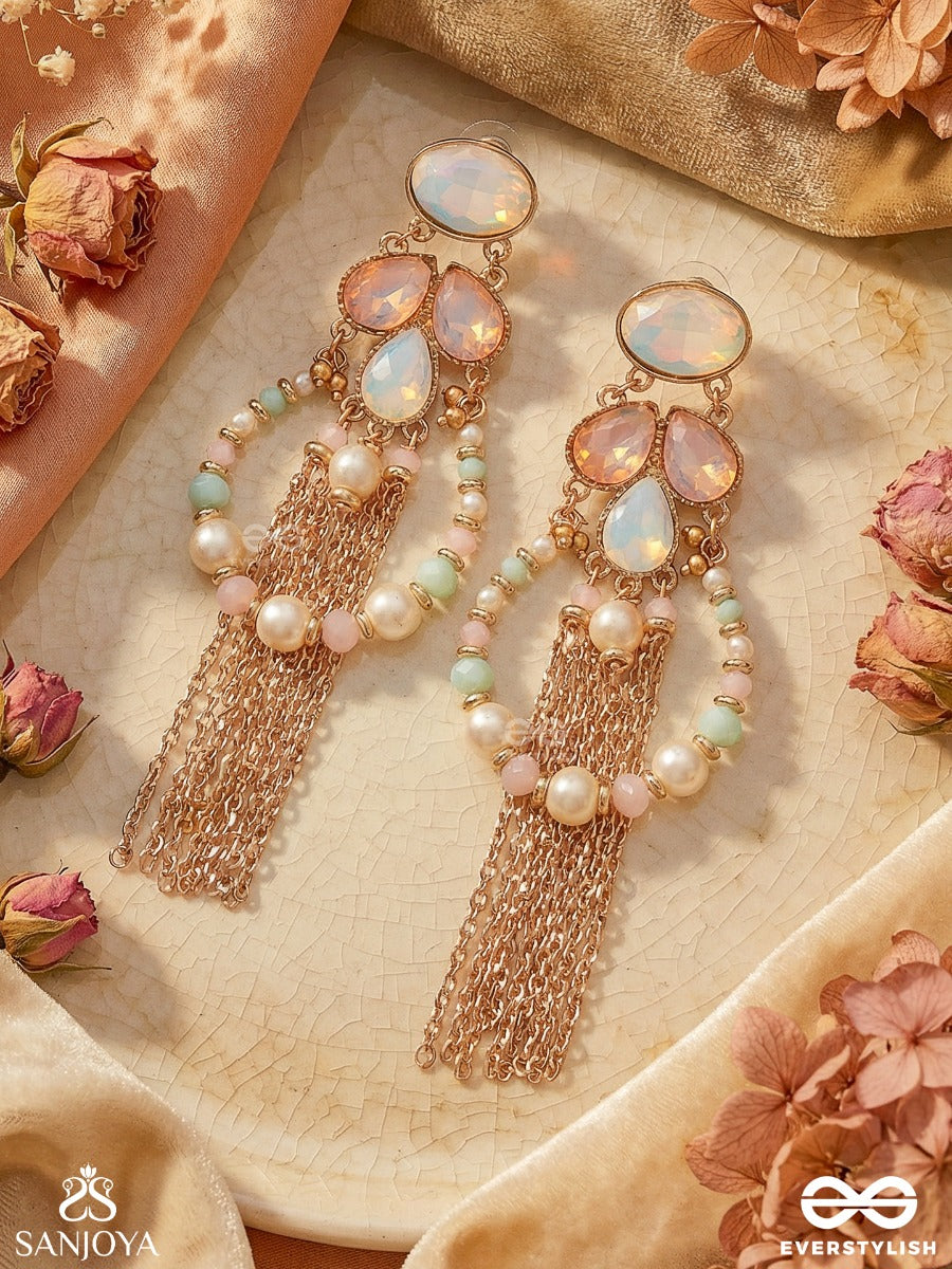 Neerlekha - Flowing Waters - Statement Earrings With Pastel Gem Cluster And Chain Tassel Cascade