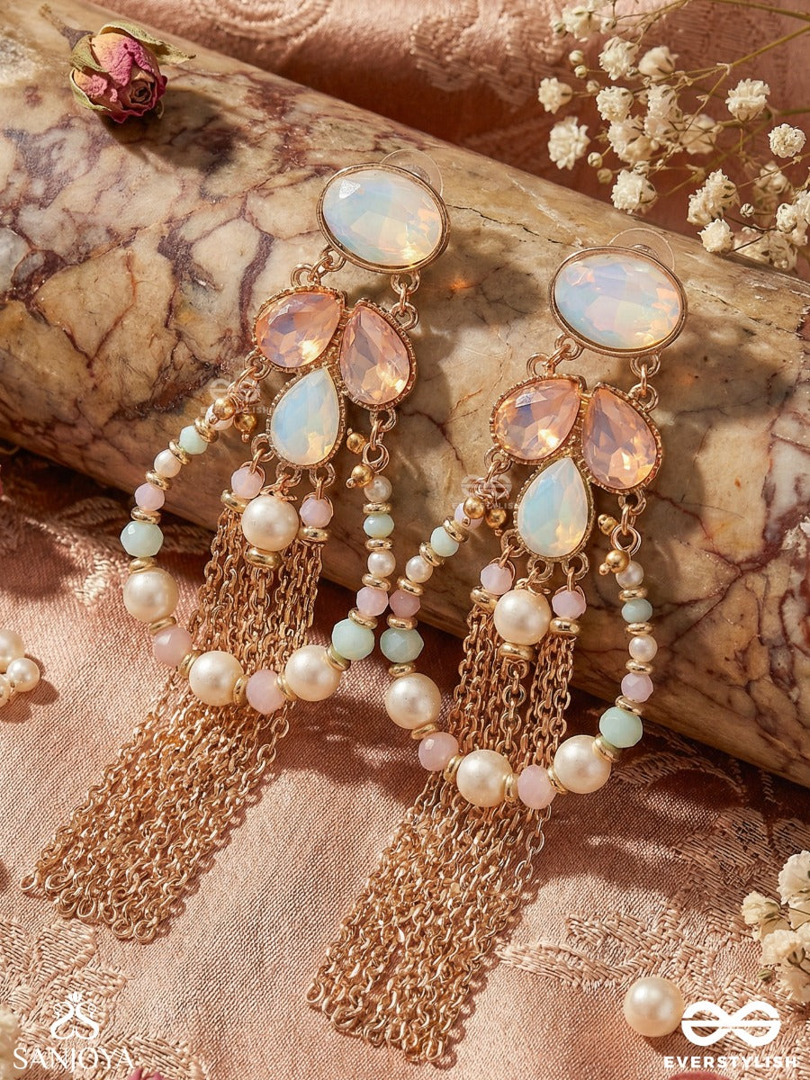Neerlekha - Flowing Waters - Statement Earrings With Pastel Gem Cluster And Chain Tassel Cascade