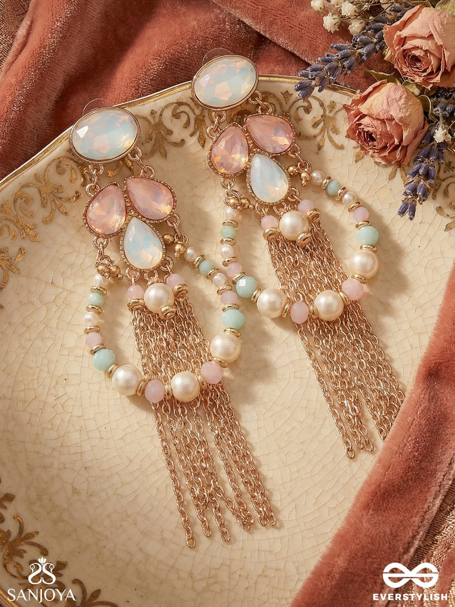 Neerlekha - Flowing Waters - Statement Earrings With Pastel Gem Cluster And Chain Tassel Cascade
