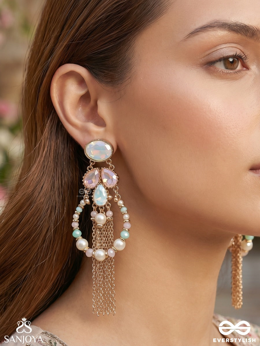 Neerlekha - Flowing Waters - Statement Earrings With Pastel Gem Cluster And Chain Tassel Cascade