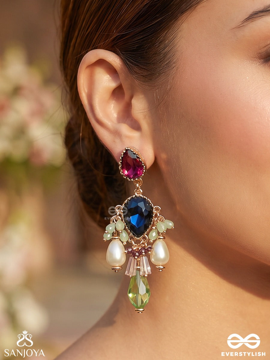 Tejovistara - Radiant Expanse - Ornate Earrings With Embellished Panel And Flowing Drop Details