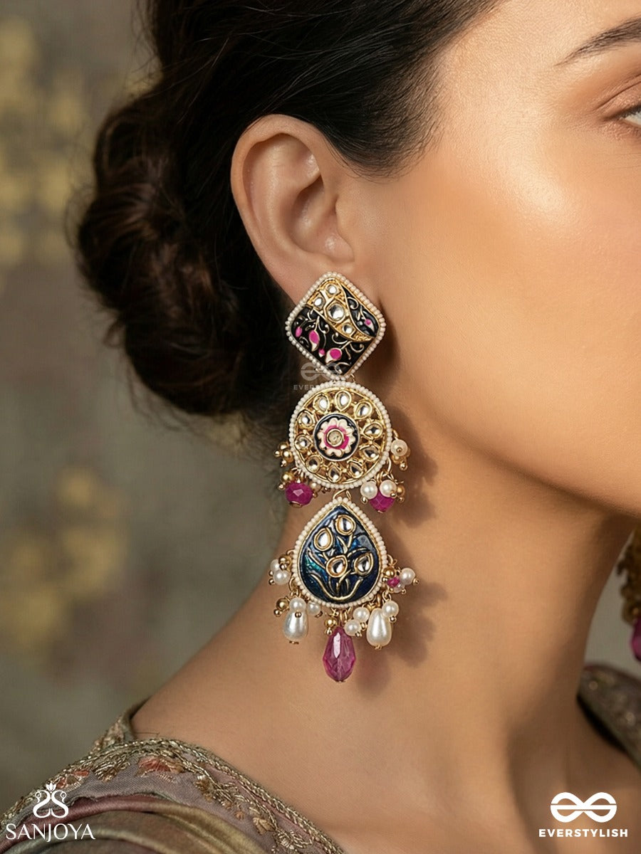 Aarshika - Sacred Form - Statement Earrings With Ornamental Panels And Dangling Drop Accents