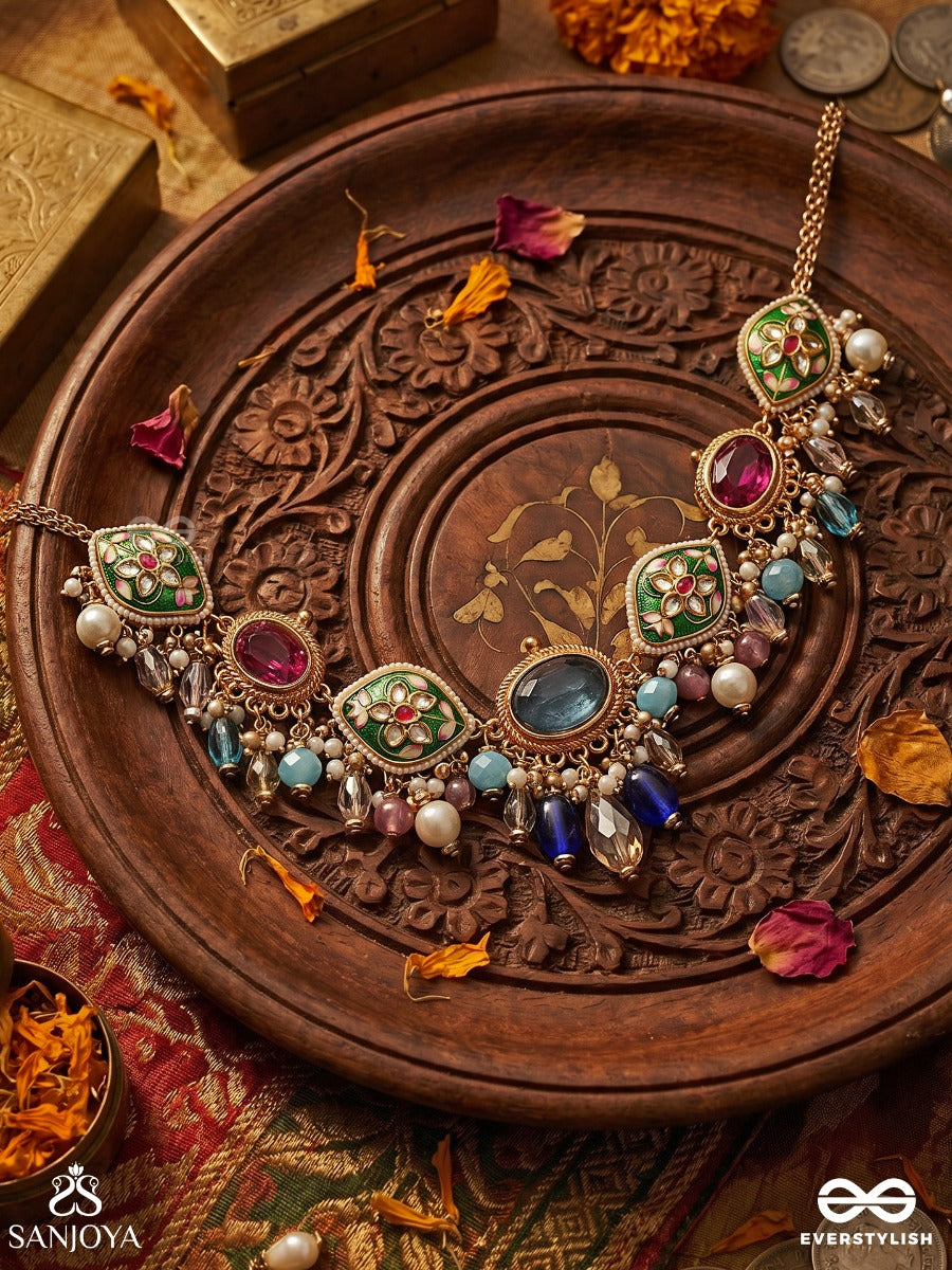 Vasulanchana - Treasure Mark - Festive Necklace With Multi-Gem Settings, Ornate Centre And Colourful Drop Accents