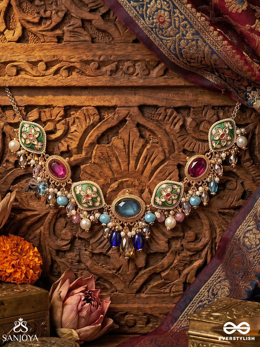 Vasulanchana - Treasure Mark - Festive Necklace With Multi-Gem Settings, Ornate Centre And Colourful Drop Accents