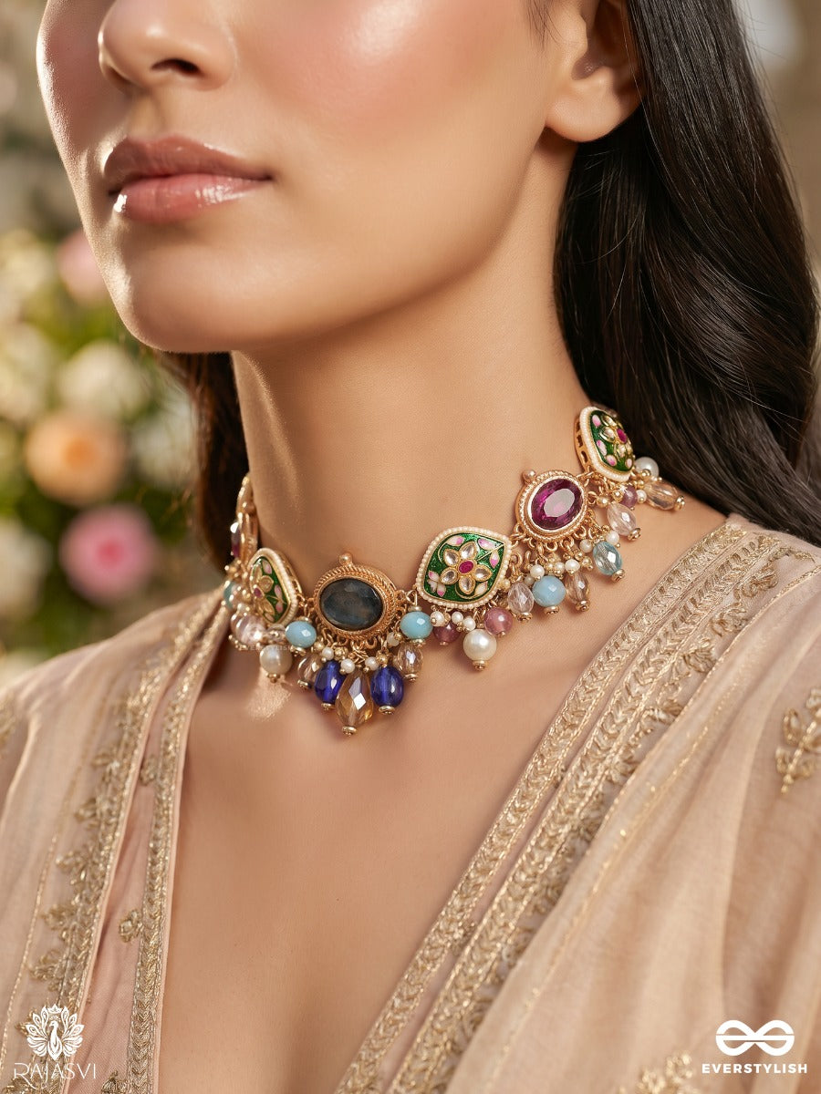 Vasulanchana - Treasure Mark - Festive Necklace With Multi-Gem Settings, Ornate Centre And Colourful Drop Accents