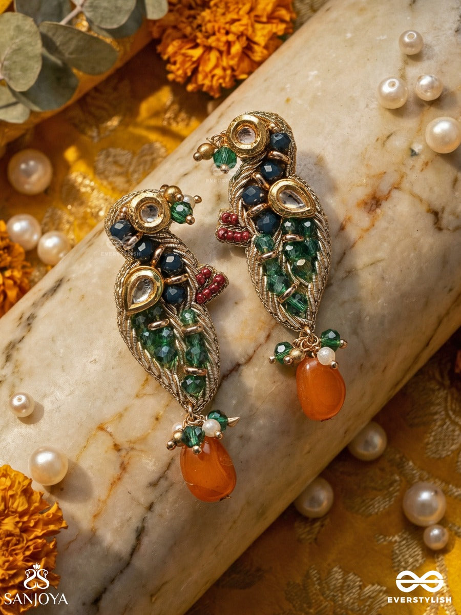 Mayurakshi - Peacock-Eyed Beauty - Statement Earrings With Bird Motif, Gemmed Body And Dangling Red Drop