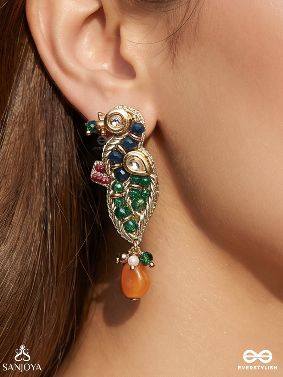 Mayurakshi - Peacock-Eyed Beauty - Statement Earrings With Bird Motif, Gemmed Body And Dangling Red Drop