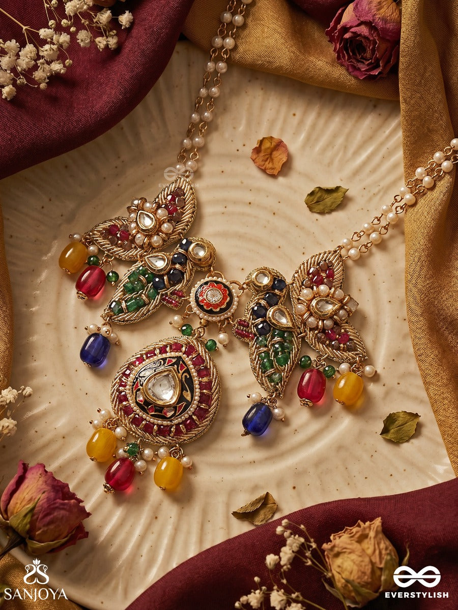 Mayurakshi - Peacock-Eyed Beauty - Festive Necklace With Ornamental Motifs, Multi-Colour Drop Accents And Layered Chains