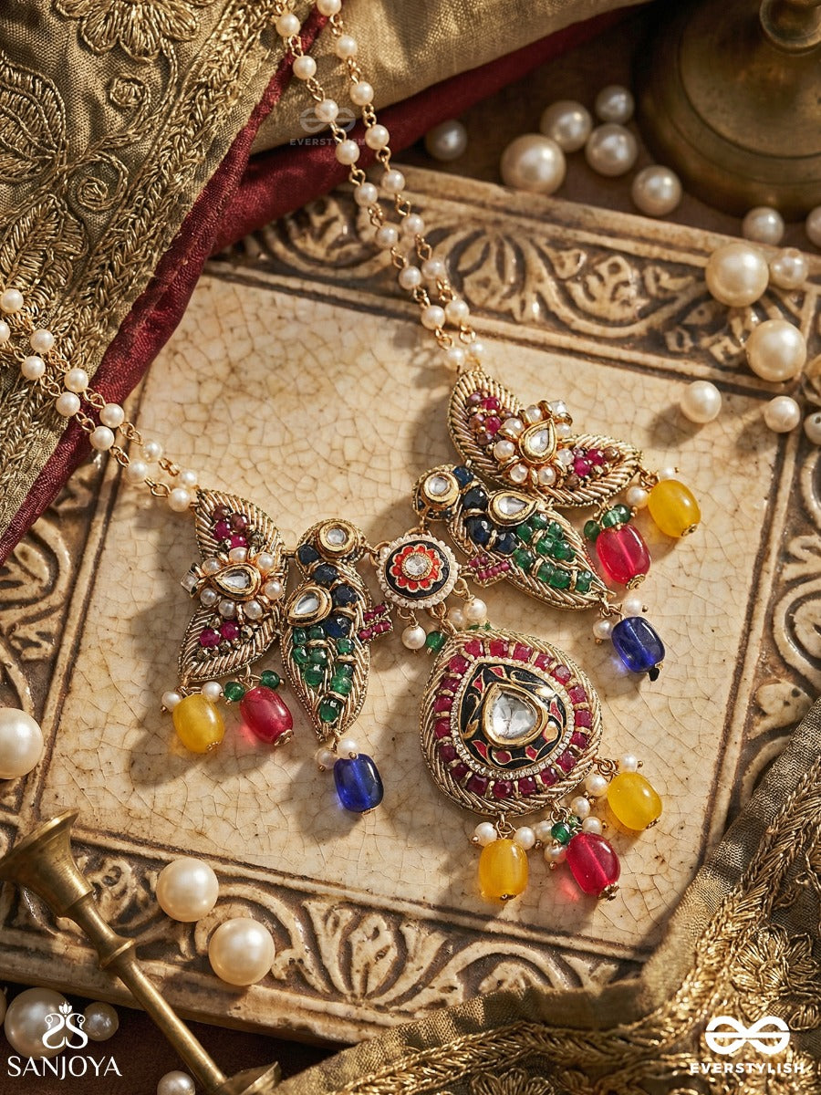 Mayurakshi - Peacock-Eyed Beauty - Festive Necklace With Ornamental Motifs, Multi-Colour Drop Accents And Layered Chains