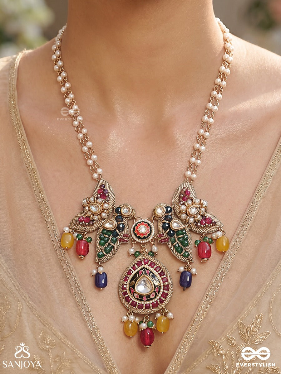 Mayurakshi - Peacock-Eyed Beauty - Festive Necklace With Ornamental Motifs, Multi-Colour Drop Accents And Layered Chains