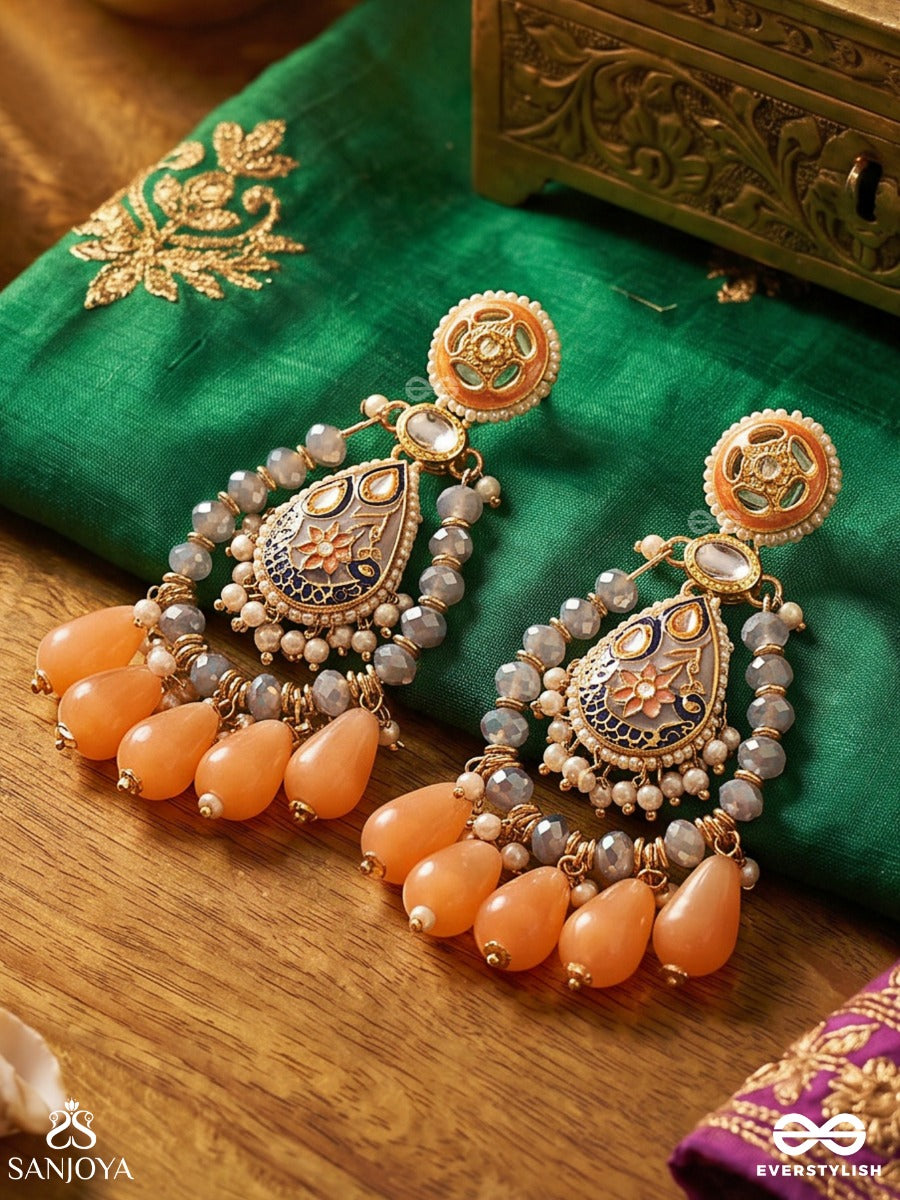 Komalraga - Soft Hues - Ornate Earrings With Enamelled Teardrop Design And Multi-Drop Details