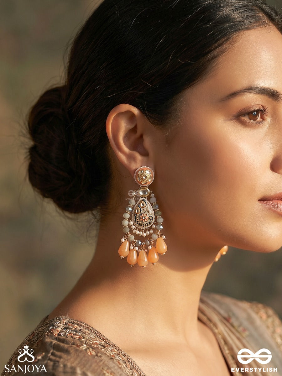 Komalraga - Soft Hues - Ornate Earrings With Enamelled Teardrop Design And Multi-Drop Details
