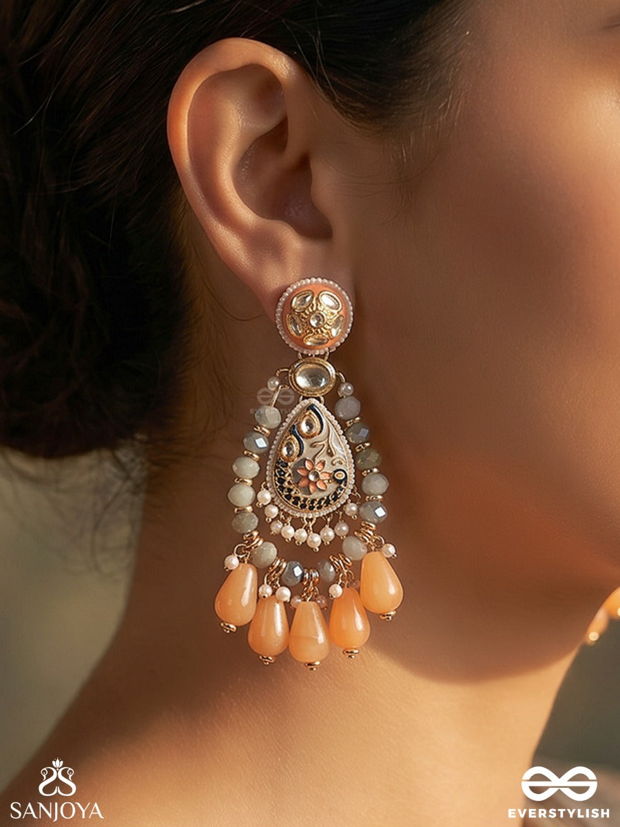 Komalraga - Soft Hues - Ornate Earrings With Enamelled Teardrop Design And Multi-Drop Details