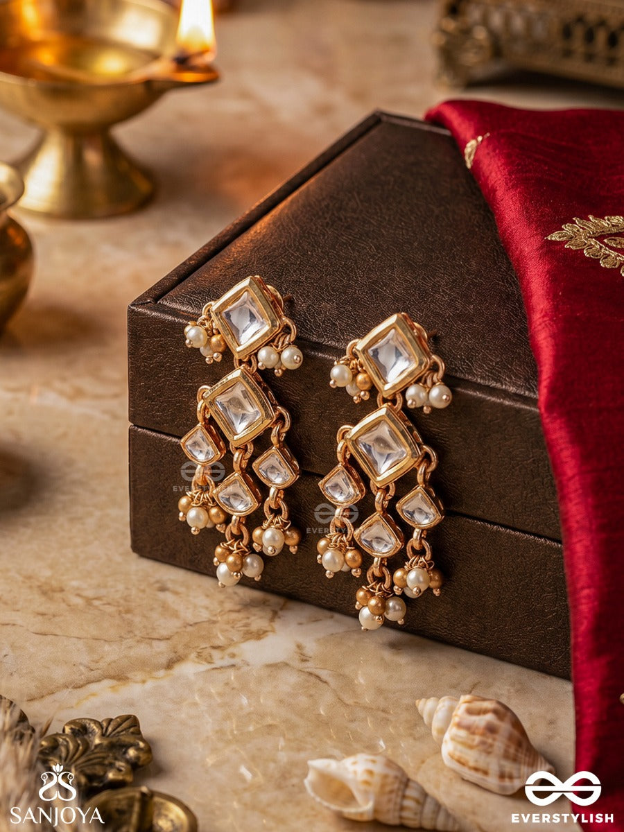 Ratnajaal - Jewelled Lattice - Ornate Earrings With Layered Diamond Shapes And Multi-Drop Pearl Details