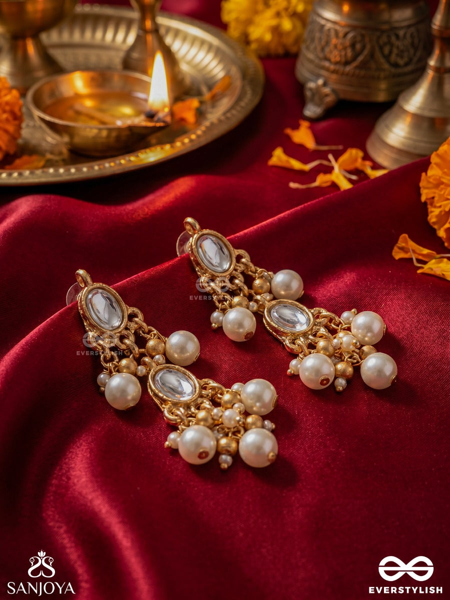 Mrinalrekha - Lotus Line - Ornate Earrings With Gemmed Panels And Soft Pearl Drop Details