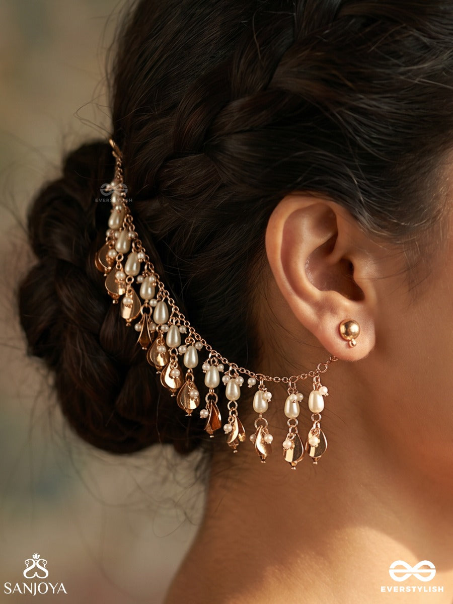 Zareenva – Golden Drift – Delicate Earchain With Dangling Metallic Drops And Flowing Accents