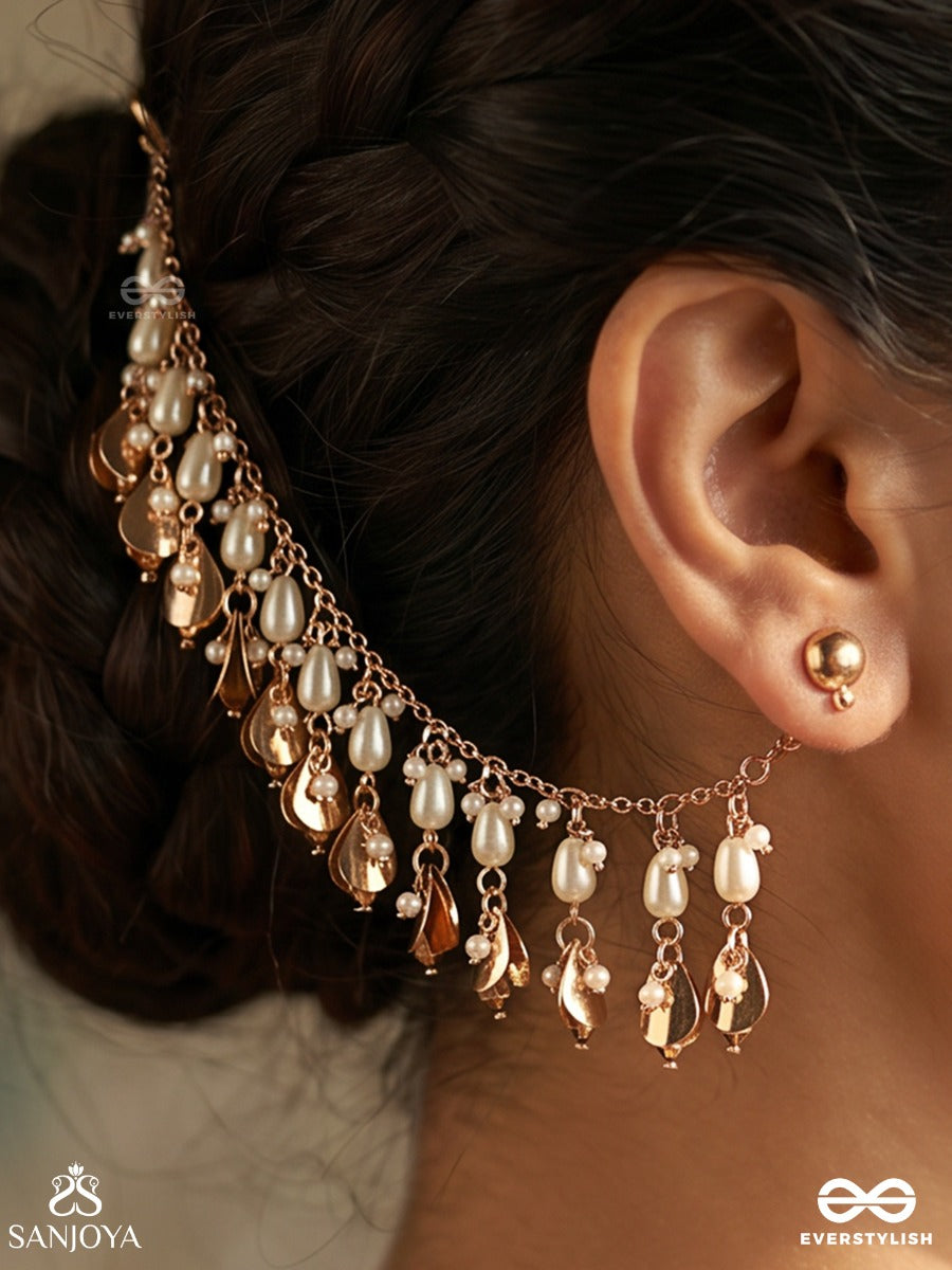 Zareenva – Golden Drift – Delicate Earchain With Dangling Metallic Drops And Flowing Accents