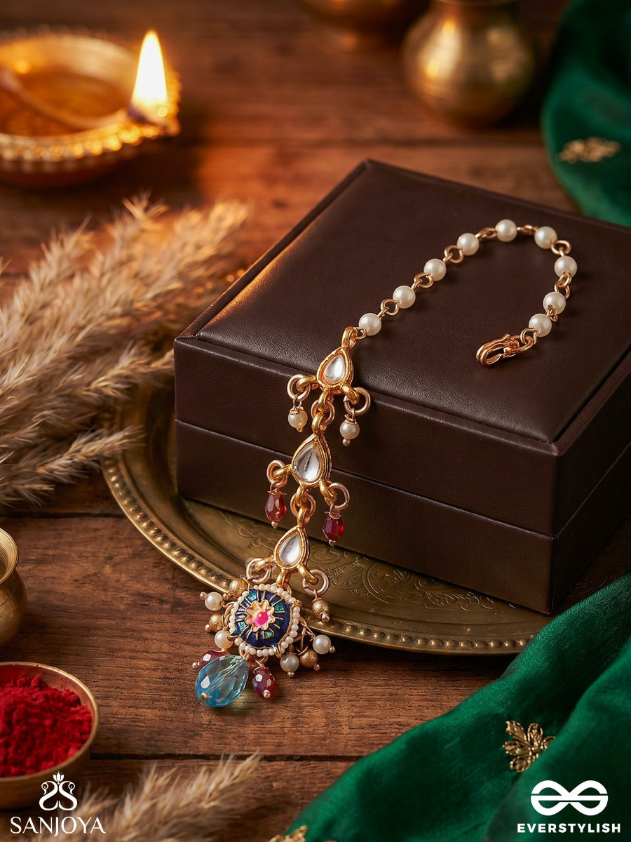 Mehranjali – Offering Of Radiance – Delicate Maangtika With Embellished Motifs, Flowing Details And Dangling Gem Accents