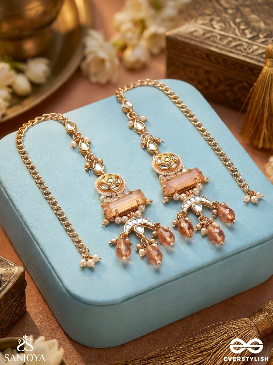 Kesarnoor – Saffron Glow – Straight Kaan Chain Earrings With Gemmed Panels And Dangling Drops