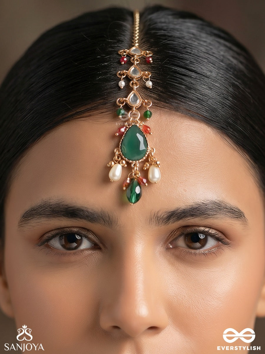 Quasira – Radiant Charm – Delicate Maangtika With Gemmed Motifs, Flowing Details And Dangling Stone Accents