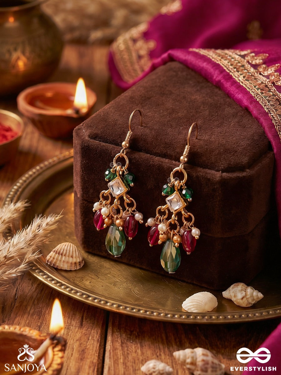 Morpankhi – Peacock Plume – Delicate Earrings With Multi-Colour Gem Drops And Pearl Accents