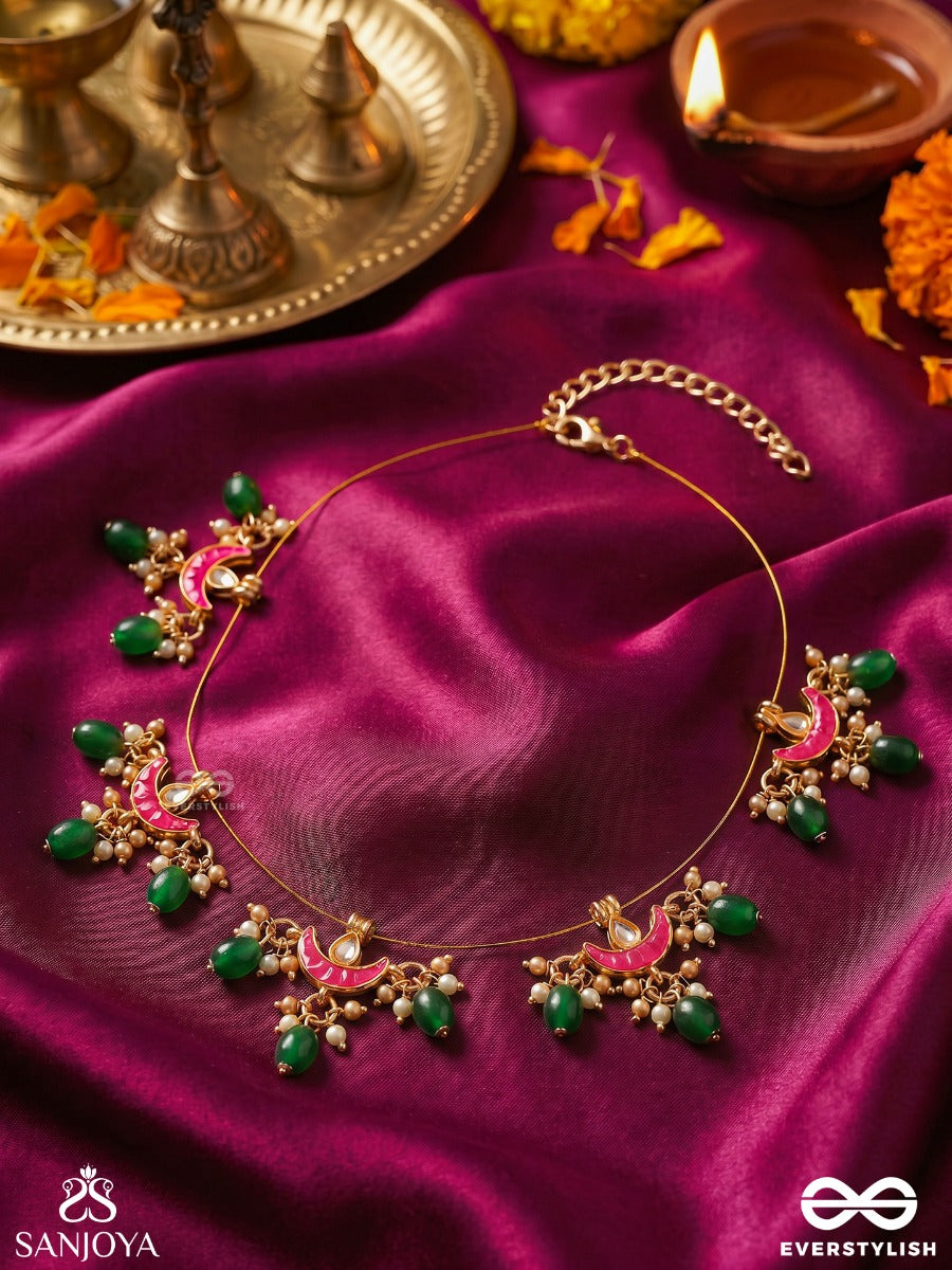 Nishigandha – Fragrance Of The Night – Festive Invisible Chain Necklace With Midnight Moon Motifs And Dangling Elements