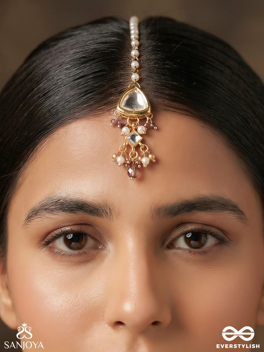 Noorangi – Radiant Splendour – Ornate Maangtika With Triangular Gem Centre And Dangling Pearl Accents