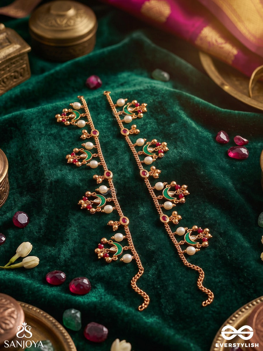 Noopurmani – Jewelled Anklet – Festive Pair Of Anklets With Enamelled Crescent Motifs And Dangling Pearl Accents