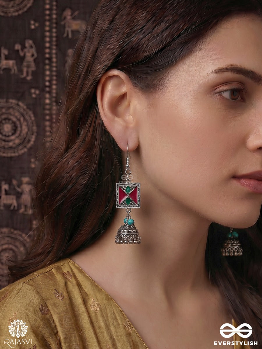 Zarehna Jhalika – Oxidised Jhumka Earrings With Turquoise Beads