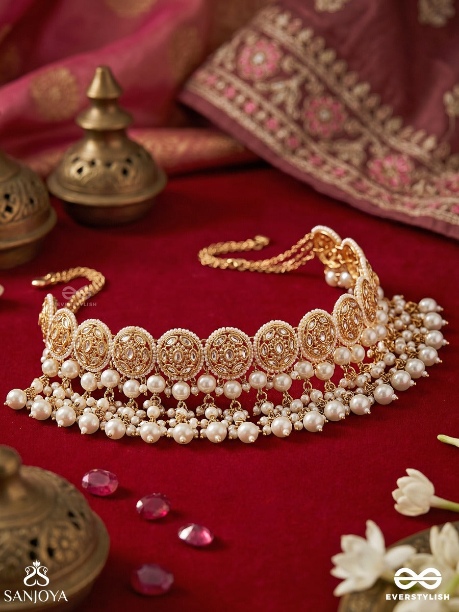 Raunaqbahar – Garden Of Splendour – Statement Choker With Ornamental Kundan Links And Multi-Layer Pearl Accents