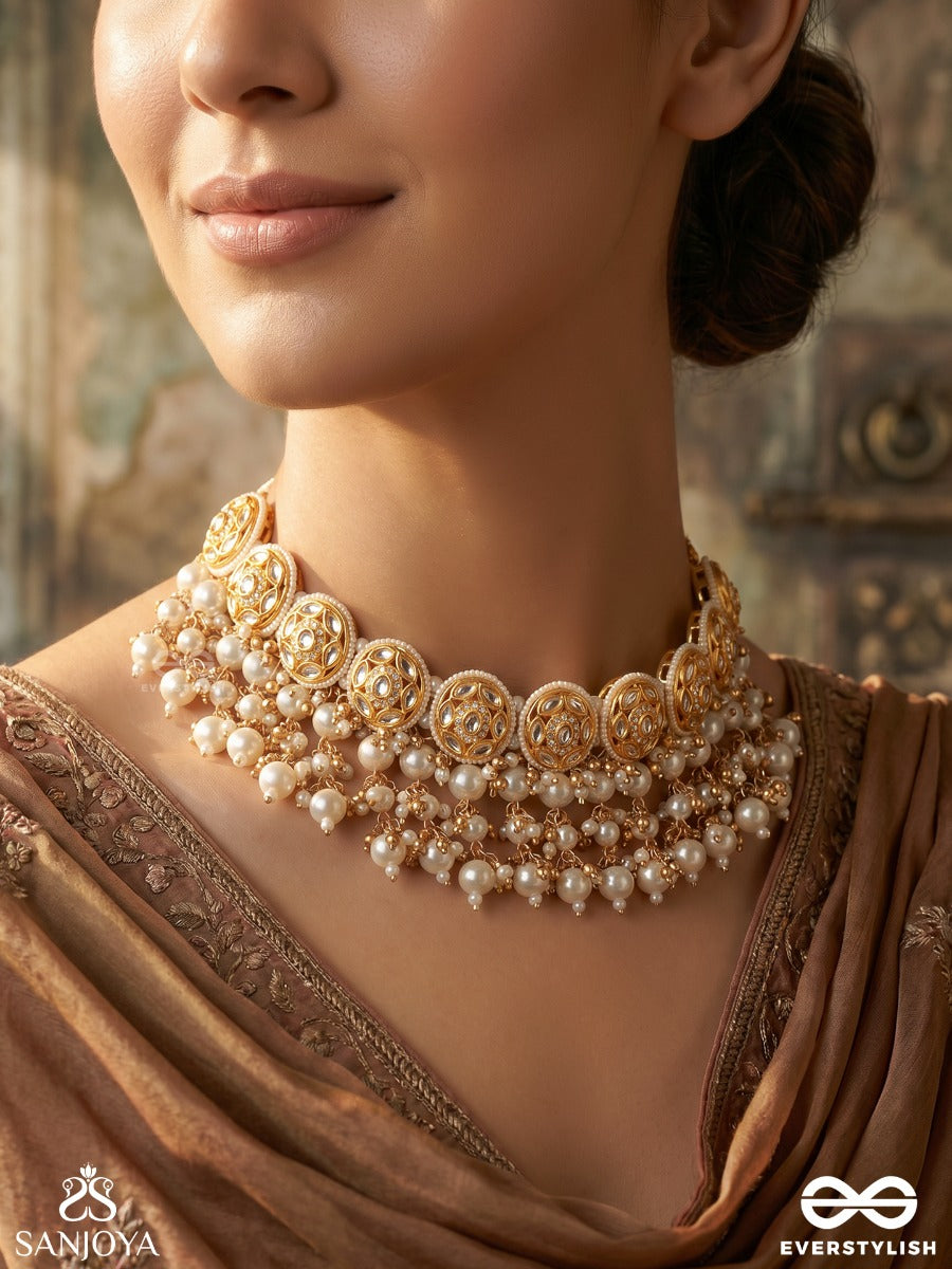 Raunaqbahar – Garden Of Splendour – Statement Choker With Ornamental Kundan Links And Multi-Layer Pearl Accents