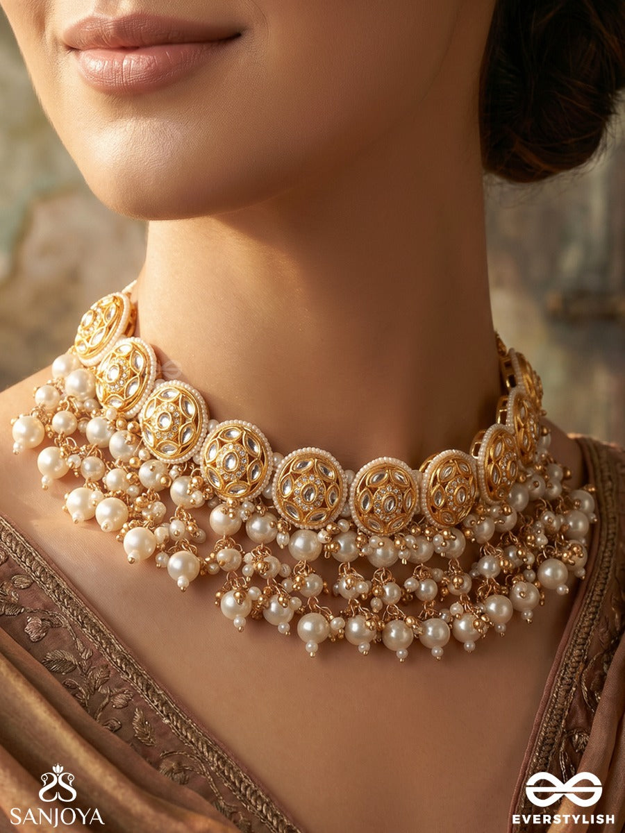 Raunaqbahar – Garden Of Splendour – Statement Choker With Ornamental Kundan Links And Multi-Layer Pearl Accents
