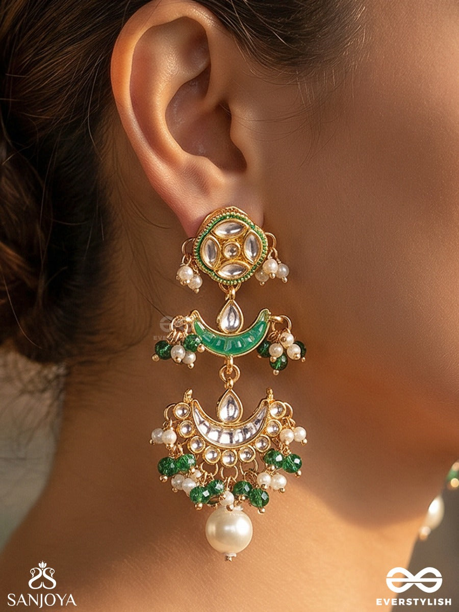 Mehrchandri – Radiant Moonlight – Ornate Earrings With Enamelled Crescent Motifs And Dangling Pearl Accents