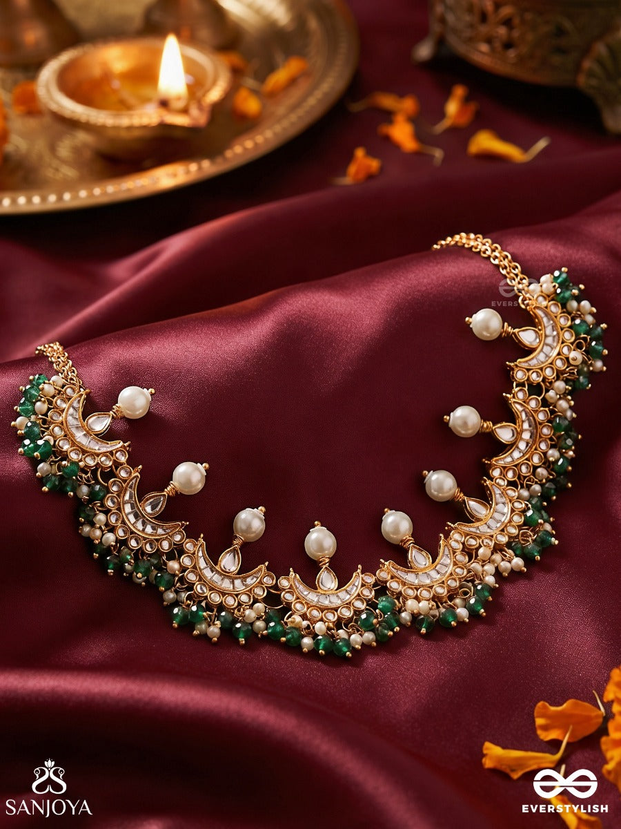 Mehrchandri – Radiant Moonlight – Ornate Choker Necklace With Layered Crescent Motifs, Pearl Fringes And Flowing Gem Accents