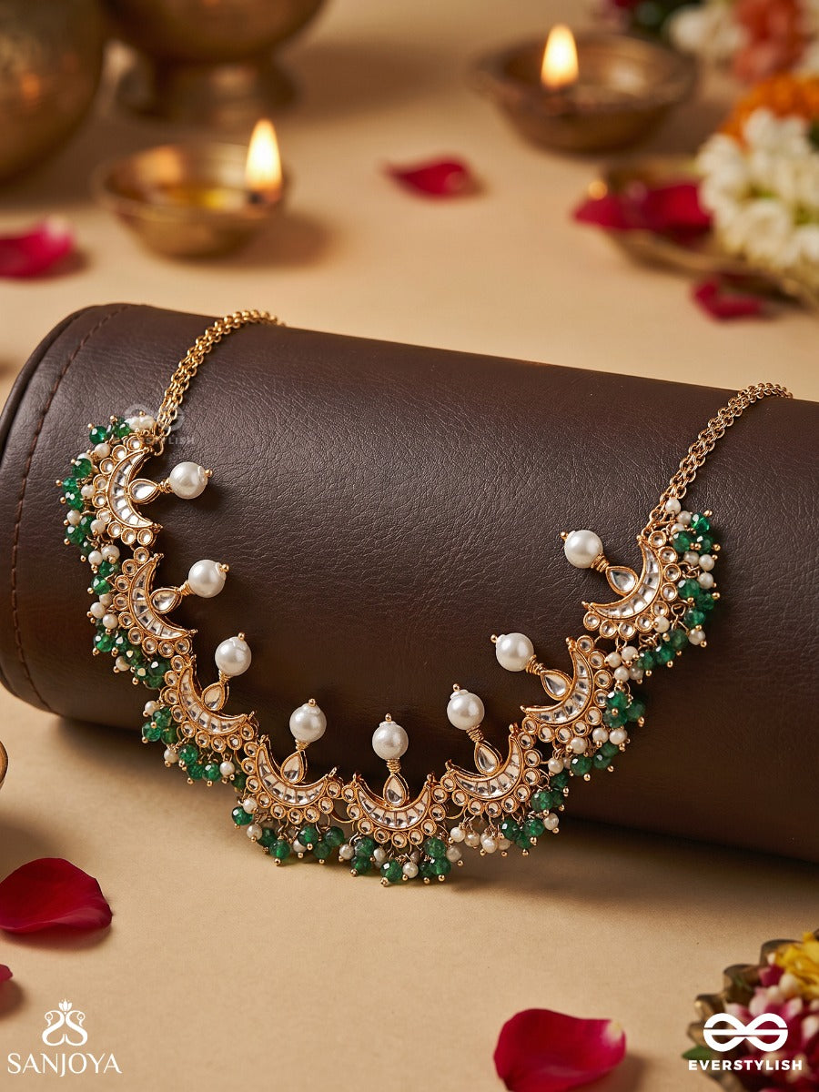 Mehrchandri – Radiant Moonlight – Ornate Choker Necklace With Layered Crescent Motifs, Pearl Fringes And Flowing Gem Accents