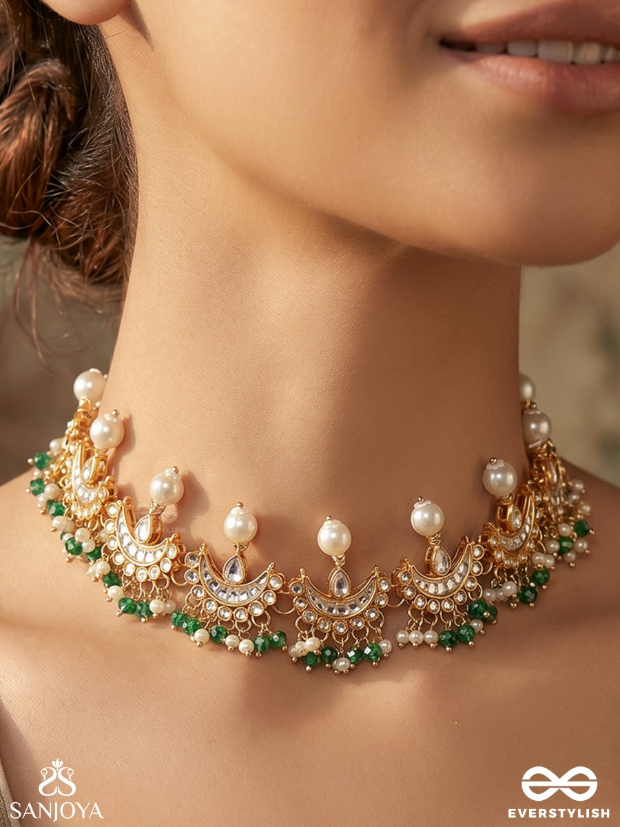 Mehrchandri – Radiant Moonlight – Ornate Choker Necklace With Layered Crescent Motifs, Pearl Fringes And Flowing Gem Accents