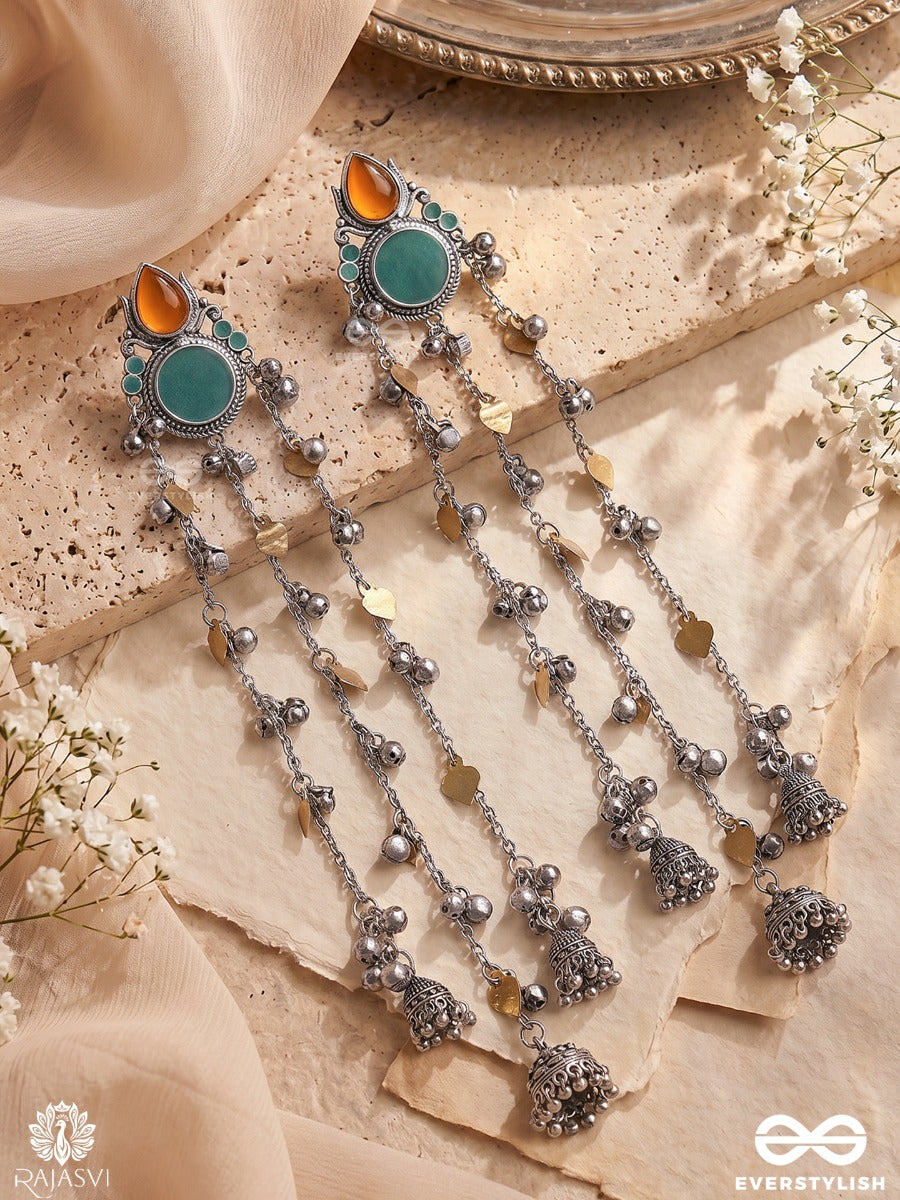 Aftaari Taarjhalar – Oxidised Cascade Long Earrings With Turquoise Stone Details