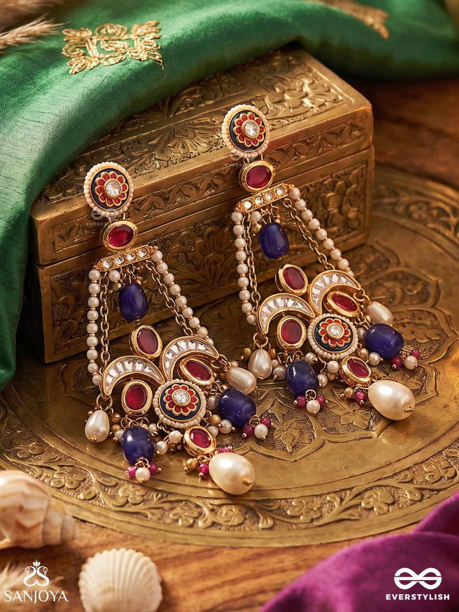 Surkhnoori – Crimson Radiance – Ornate Earrings With Crescent Motifs, Royal Blue Drops And Pearl Accents