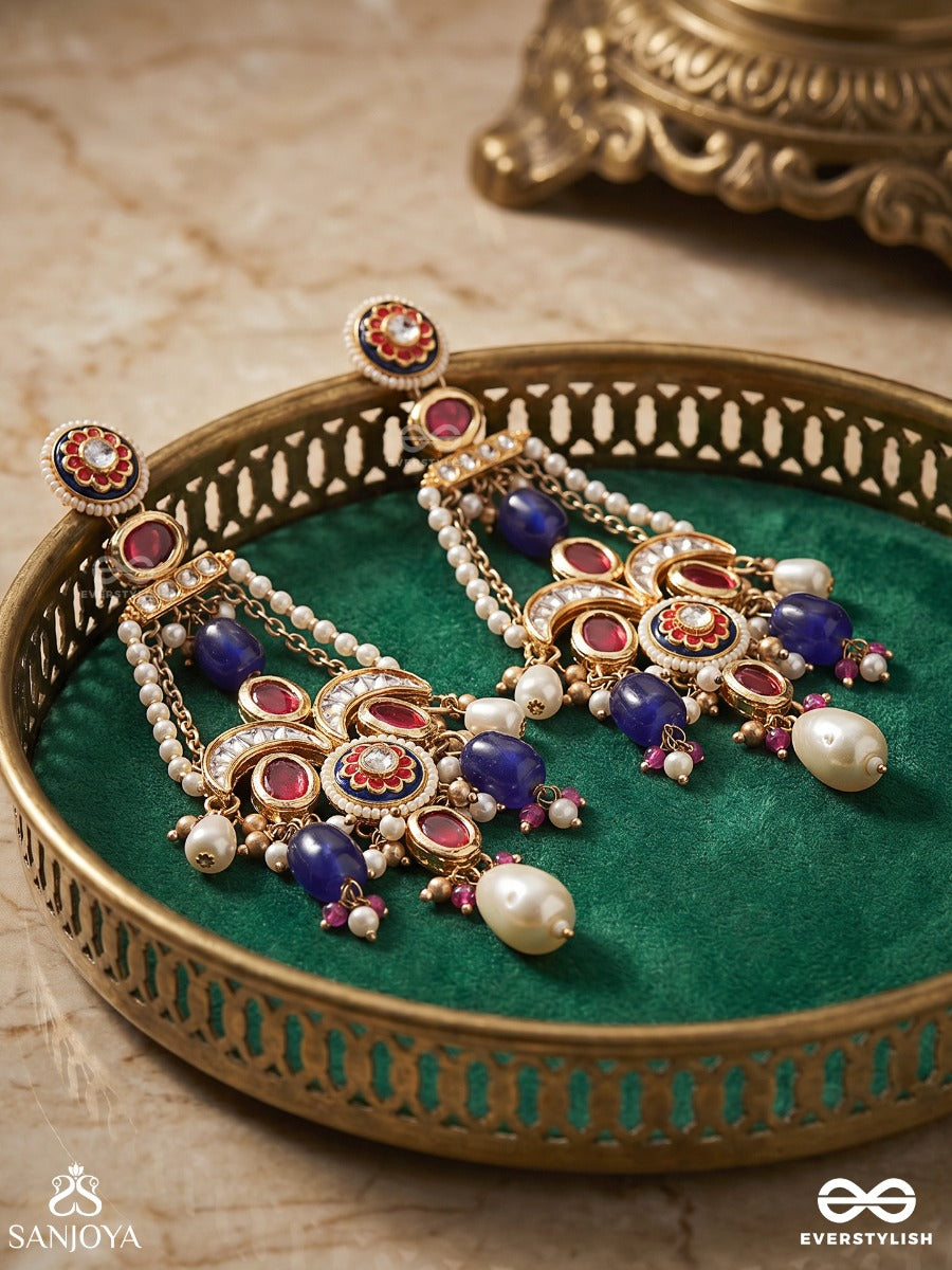 Surkhnoori – Crimson Radiance – Ornate Earrings With Crescent Motifs, Royal Blue Drops And Pearl Accents