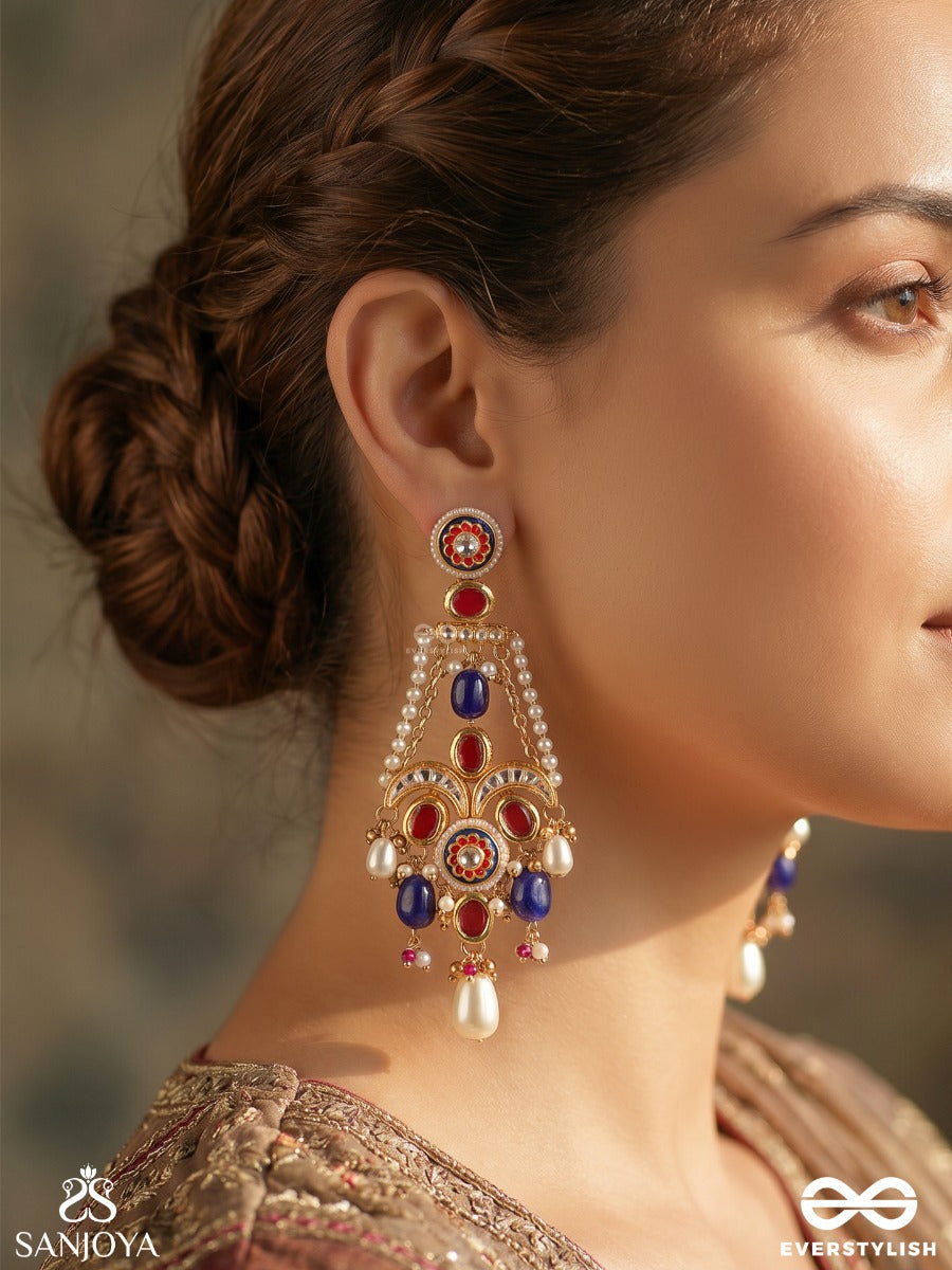 Surkhnoori – Crimson Radiance – Ornate Earrings With Crescent Motifs, Royal Blue Drops And Pearl Accents