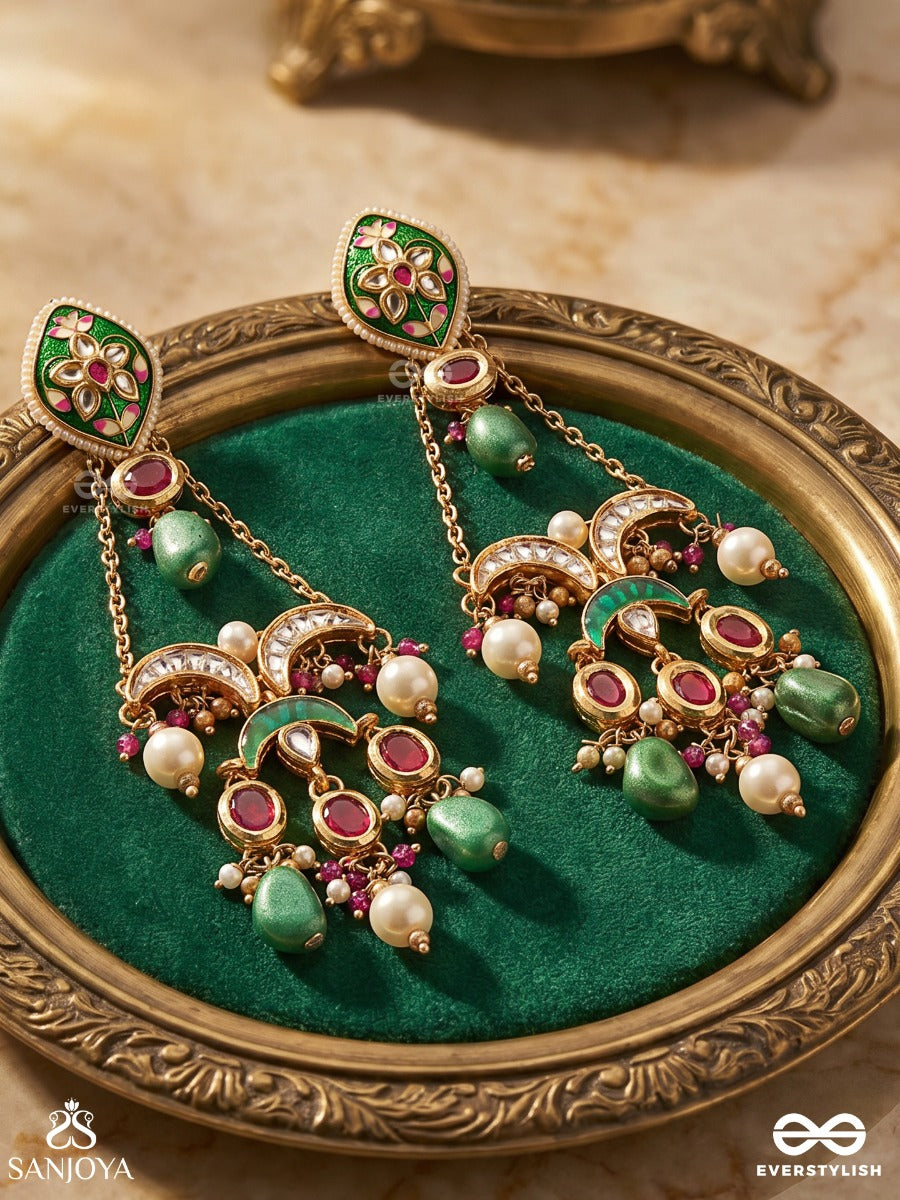 Tajmeena – Crowned Beauty – Ornate Earrings With Enamelled Motifs, Gemmed Chains And Dangling Pearl Accents