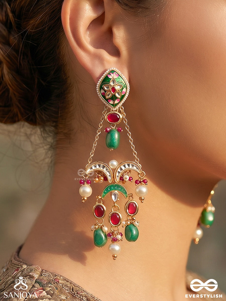 Tajmeena – Crowned Beauty – Ornate Earrings With Enamelled Motifs, Gemmed Chains And Dangling Pearl Accents
