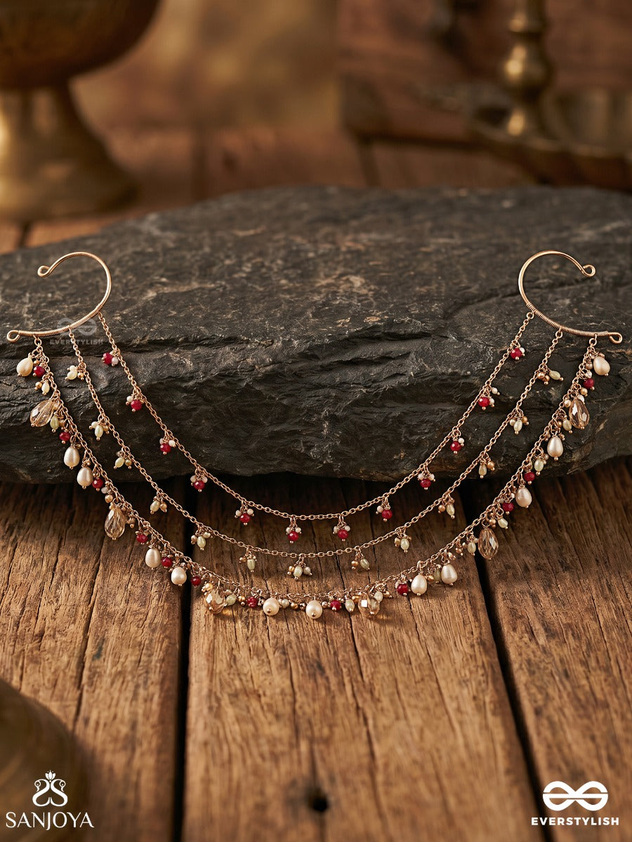 Yakshnoor – Celestial Glow – Elegant Earcuff Hair Chain Accessory With Layered Chains, Delicate Pearl Strands And Gem Accents
