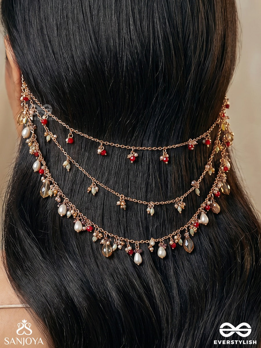 Yakshnoor – Celestial Glow – Elegant Earcuff Hair Chain Accessory With Layered Chains, Delicate Pearl Strands And Gem Accents