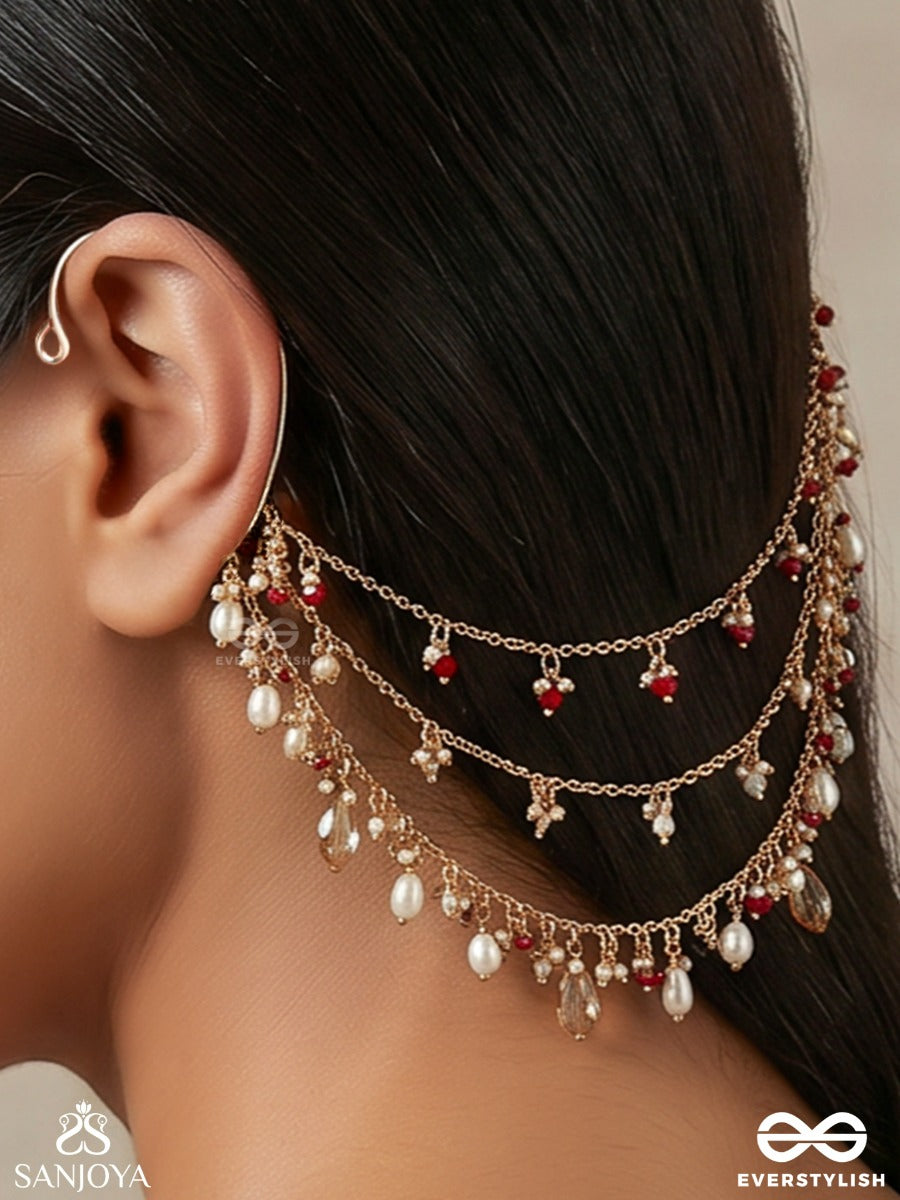 Yakshnoor – Celestial Glow – Elegant Earcuff Hair Chain Accessory With Layered Chains, Delicate Pearl Strands And Gem Accents