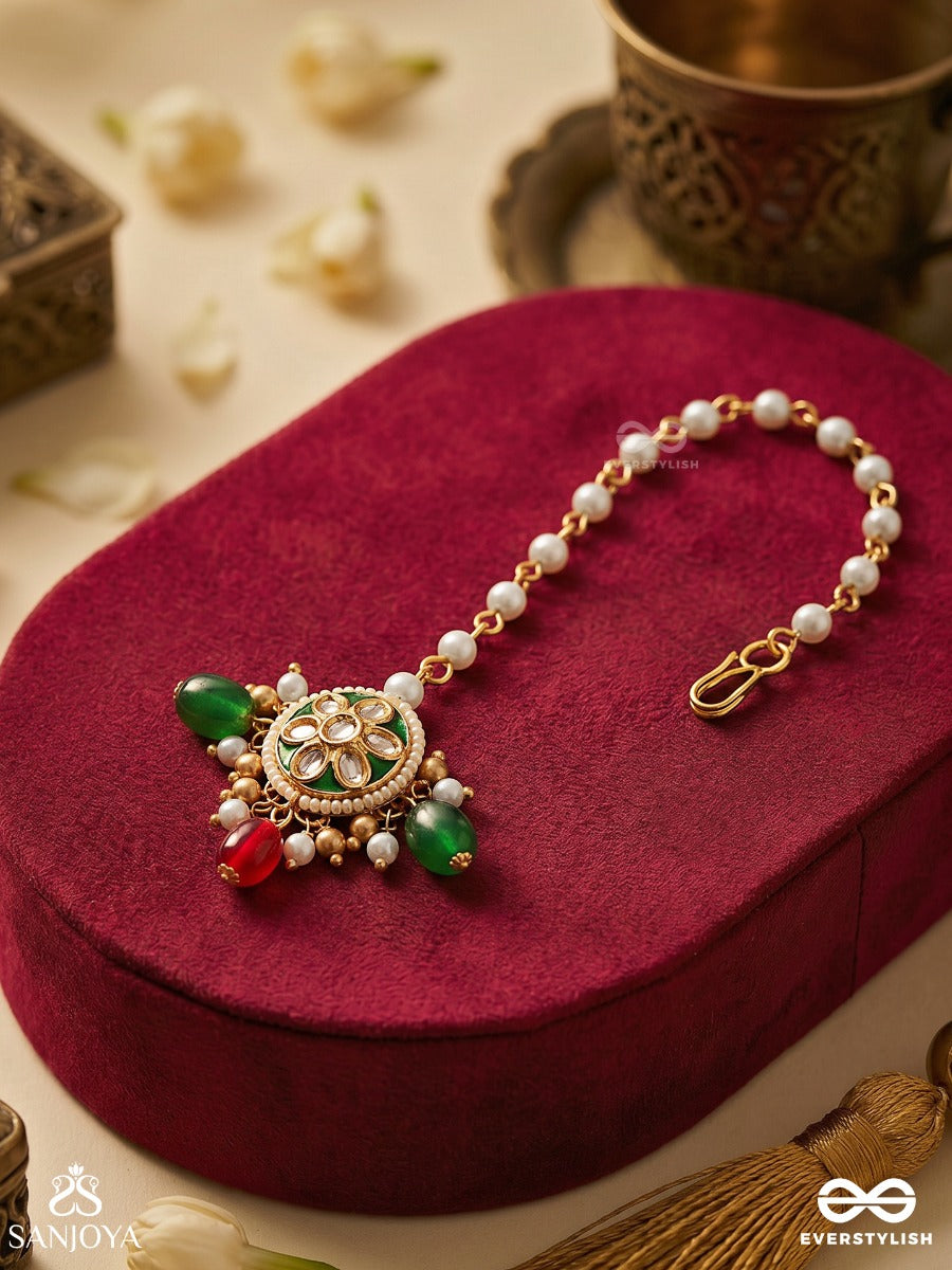Rukhshaan – Luminous Beauty – Statement Maangtika With Ornamental Motifs And Dangling Pearl Elements