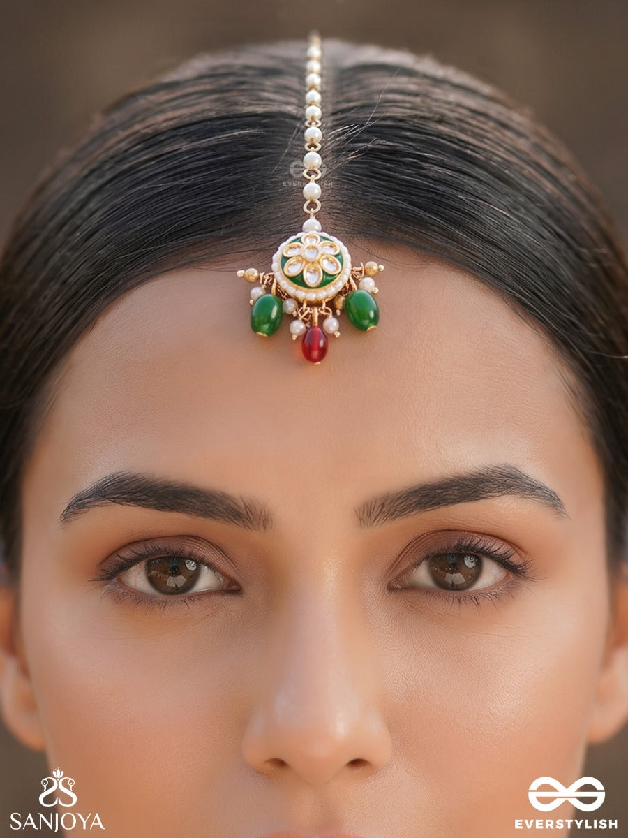 Rukhshaan – Luminous Beauty – Statement Maangtika With Ornamental Motifs And Dangling Pearl Elements
