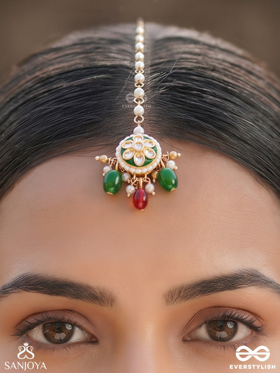 Rukhshaan – Luminous Beauty – Statement Maangtika With Ornamental Motifs And Dangling Pearl Elements
